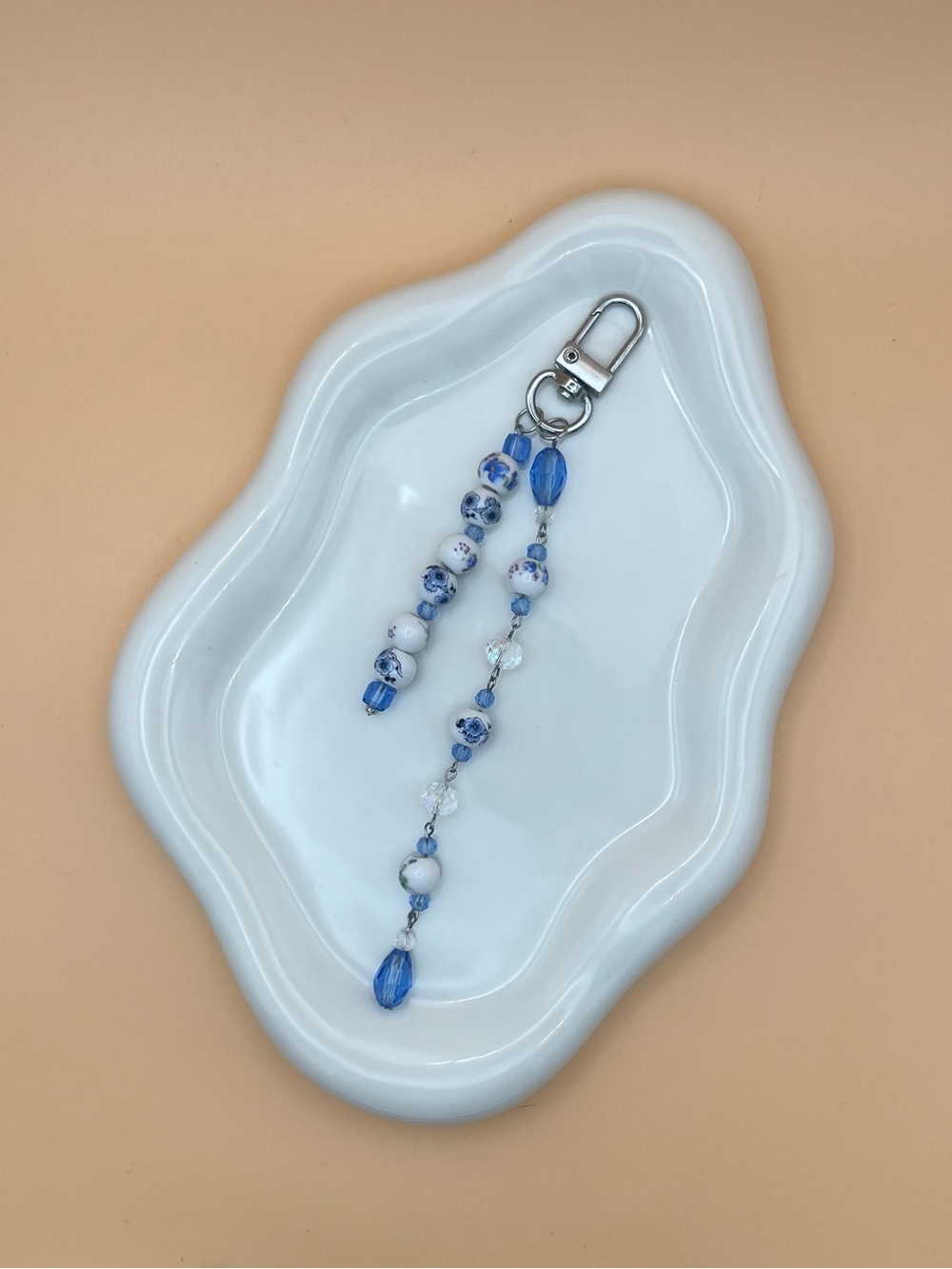 Handmade Blue & White Beaded Keychain Charm
